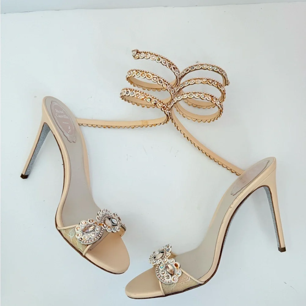 Rene Caovilla Beige Multicolor crystal embellished Wrap around ankle heels 39.5